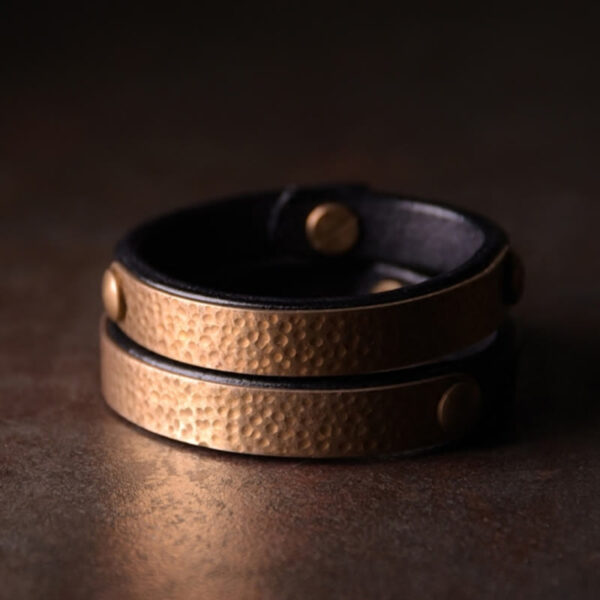 Vintage Handmade Texture Copper Brass Leather Wealth Bracelet Bangle - 图片 15