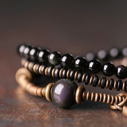 Buddha Stones Rainbow Obsidian Ebony Wood Copper Healing Triple Wrap Bracelet - 图片 2