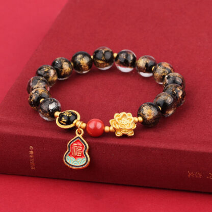 Tibet Om Mani Padme Hum Fu Character Gourd Charm Lotus Liuli Glass Bead Luck Bracelet - 图片 2