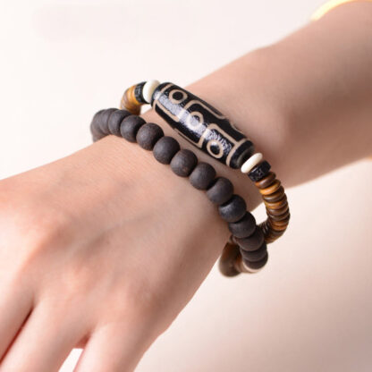 Tibetan Nine-Eye Dzi Bead Green Sandalwood Ebony Wood Peace Double Wrap Bracelet - 图片 12