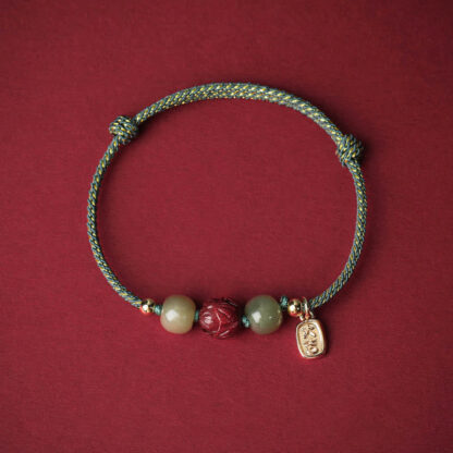 14K Gold Plated Hetian Jade Cinnabar Lotus Luck Handcrafted Rope Bracelet - 图片 12