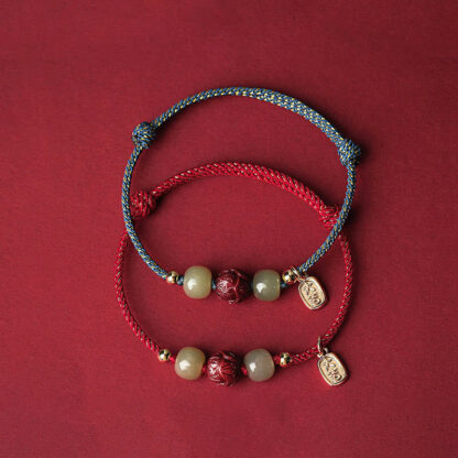 14K Gold Plated Hetian Jade Cinnabar Lotus Luck Handcrafted Rope Bracelet - 图片 3