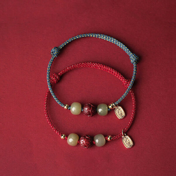 14K Gold Plated Hetian Jade Cinnabar Lotus Luck Handcrafted Rope Bracelet - 图片 3
