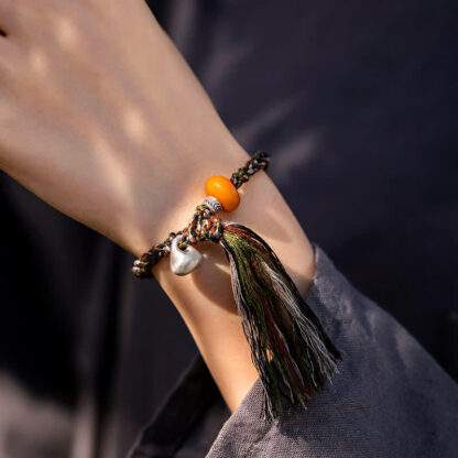 990 Sterling Silver Tibetan Handmade Amber Steelyard Weight Wish Protection Bracelet - 图片 2