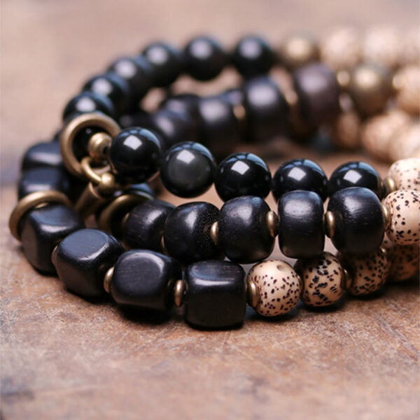 Buddha Stones Tibetan Bodhi Seed Black Obsidian Ebony Wood Copper Peace Bracelet - 图片 12