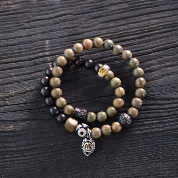 Tibetan Green Sandalwood Ebony Wood Three-eyed Dzi Bead Fu Character Balance Peace Double Wrap Bracelet - 图片 14