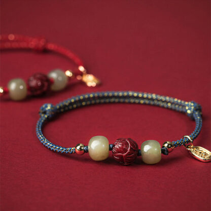 14K Gold Plated Hetian Jade Cinnabar Lotus Luck Handcrafted Rope Bracelet - 图片 9