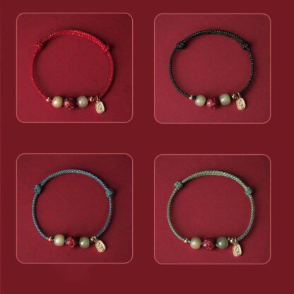 14K Gold Plated Hetian Jade Cinnabar Lotus Luck Handcrafted Rope Bracelet - 图片 15