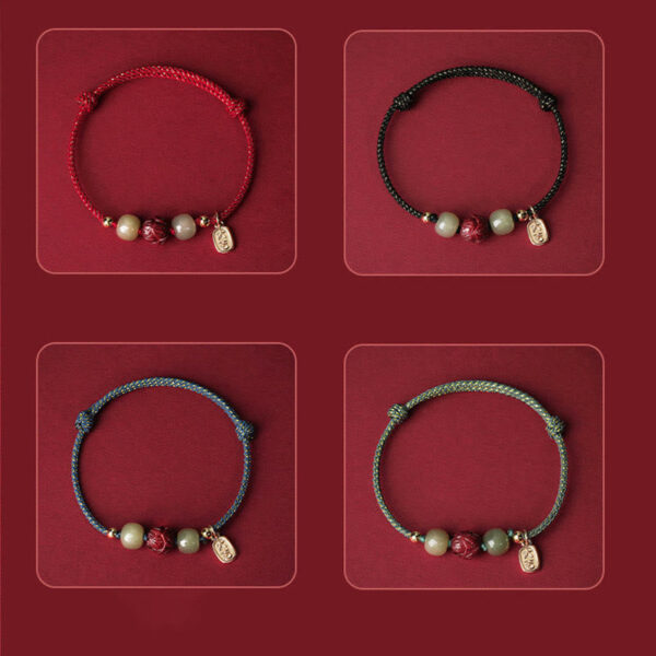 14K Gold Plated Hetian Jade Cinnabar Lotus Luck Handcrafted Rope Bracelet - 图片 15