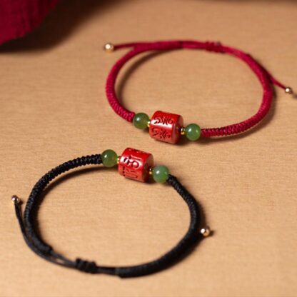 Tibetan Cinnabar Om Mani Padme Hum Engraved Blessing Braided Rope Bracelet - 图片 2