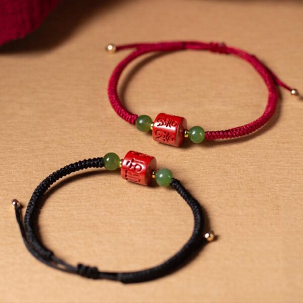 Tibetan Cinnabar Om Mani Padme Hum Engraved Blessing Braided Rope Bracelet - 图片 2