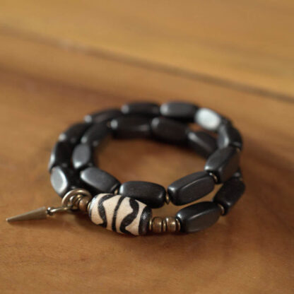 Tibet Ebony Wood Dzi Bead Copper Balance Double Wrap Bracelet - 图片 11
