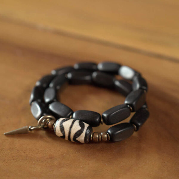 Tibet Ebony Wood Dzi Bead Copper Balance Double Wrap Bracelet - 图片 11