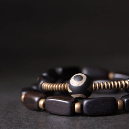 Tibet Ebony Wood Dzi Bead Copper Balance Double Wrap Bracelet - 图片 2