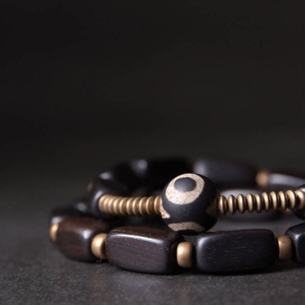 Tibet Ebony Wood Dzi Bead Copper Balance Double Wrap Bracelet - 图片 2