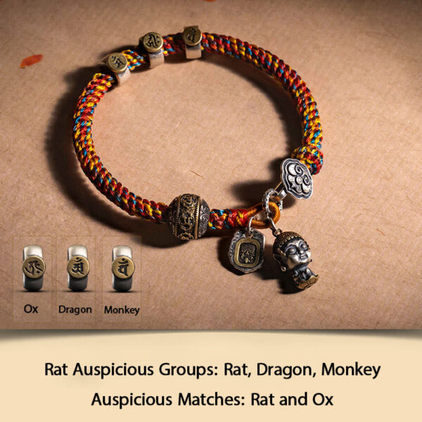 Handmade Tibetan 925 Sterling Silver Chinese Zodiac Natal Buddha Zakiram Goddess of Wealth Protection Multicolored Rope Braided Bracelet - 图片 2