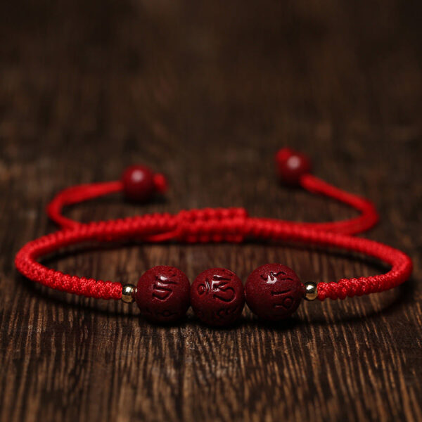 Handmade Cinnabar Om Mani Padme Hum Engraved Beads Blessing Braided Bracelet - 图片 5