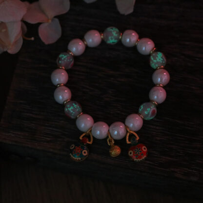 Gold Swallowing Beast Family Charm Liuli Glass Colorful Porcelain Bead Luck Bracelet - 图片 6