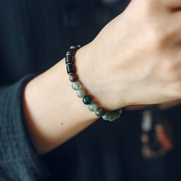 Buddha Stones Ebony Wood Red Jasper Moss Agate Crystal Copper Peace Couple Bracelet - 图片 8