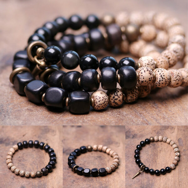 Buddha Stones Tibetan Bodhi Seed Black Obsidian Ebony Wood Copper Peace Bracelet - 图片 2