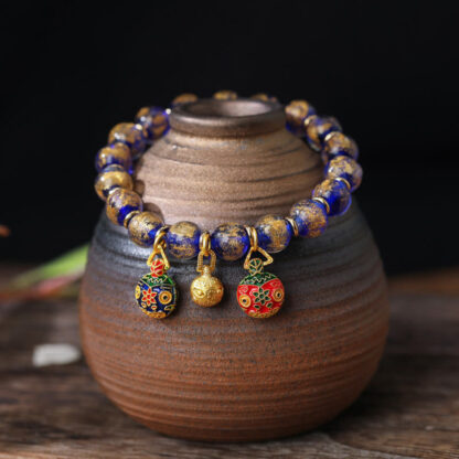 Gold Swallowing Beast Family Charm Gold Silver Foil Liuli Glass Bead Blessings Bracelet - 图片 4