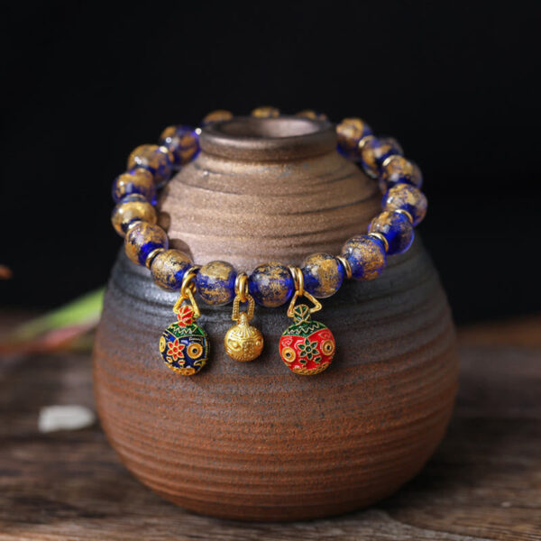 Gold Swallowing Beast Family Charm Gold Silver Foil Liuli Glass Bead Blessings Bracelet - 图片 4