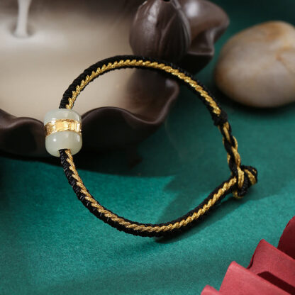 Buddha Stones 999 Gold Hetian White Jade Om Mani Padme Hum Fu Character Luck Braided Bracelet - 图片 9