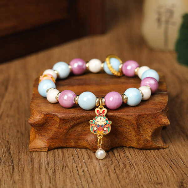 Tibetan Zakiram Goddess of Wealth Rabbit Lion Head Charm Liuli Glass Incense Ash Porcelain Bead Protection Bracelet - 图片 3