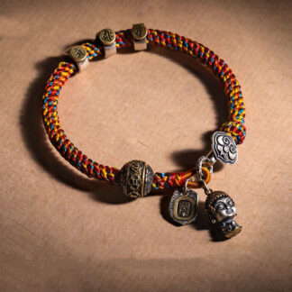 Handmade Tibetan 925 Sterling Silver Chinese Zodiac Natal Buddha Zakiram Goddess of Wealth Protection Multicolored Rope Braided Bracelet
