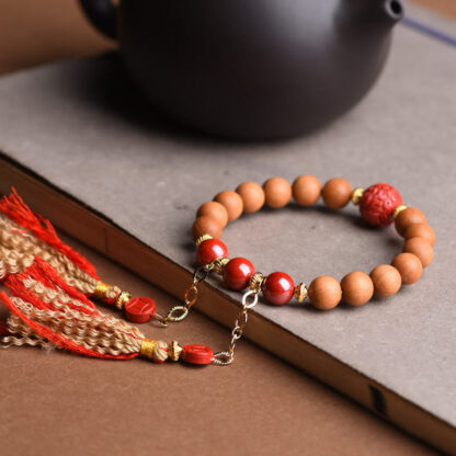 Tibetan Natural Peach Wood Cinnabar PiXiu Wealth Tassels Bracelet - 图片 6