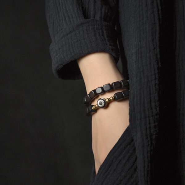 Buddha Stones Ebony Wood Dzi Bead Copper Peace Couple Bracelet - 图片 3