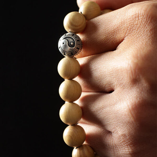 Buddha Stones Tibet Peach Wood Lotus Cinnabar Bagua Yin Yang Luck Wealth Bracelet - 图片 5