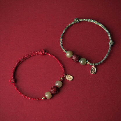 14K Gold Plated Hetian Jade Cinnabar Lotus Luck Handcrafted Rope Bracelet - 图片 2