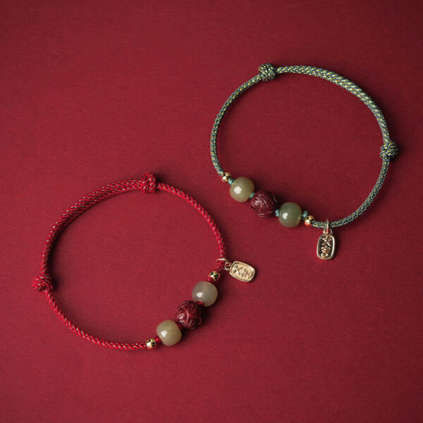 14K Gold Plated Hetian Jade Cinnabar Lotus Luck Handcrafted Rope Bracelet - 图片 2