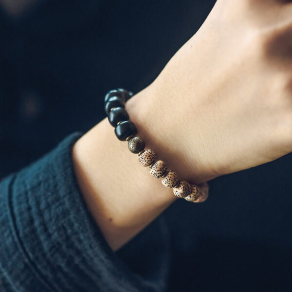 Buddha Stones Tibetan Bodhi Seed Black Obsidian Ebony Wood Copper Peace Bracelet - 图片 9