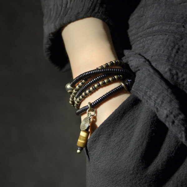Buddha Stones Ebony Wood Dzi Bead Copper Peace Couple Bracelet Necklace Pendant - 图片 3