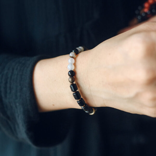 Buddha Stones Ebony Wood Red Jasper Moss Agate Crystal Copper Peace Couple Bracelet - 图片 14