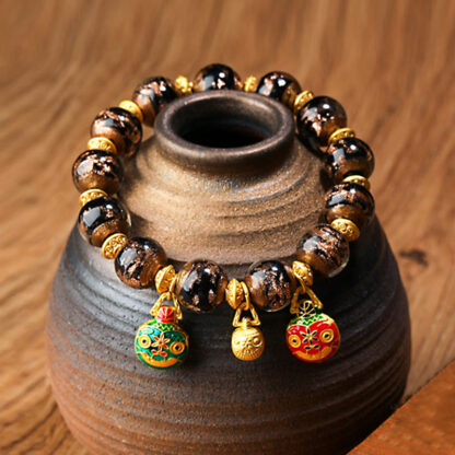 Gold Swallowing Beast Family Charm Liuli Glass Bead Fortune Bracelet - 图片 9