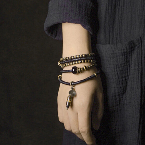 Buddha Stones Ebony Wood Dzi Bead Copper Peace Couple Bracelet Necklace Pendant - 图片 4