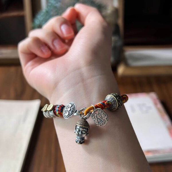 Handmade Tibetan 925 Sterling Silver Chinese Zodiac Natal Buddha Zakiram Goddess of Wealth Protection Multicolored Rope Braided Bracelet - 图片 24