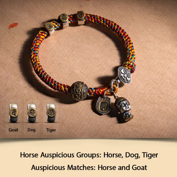 Handmade Tibetan 925 Sterling Silver Chinese Zodiac Natal Buddha Zakiram Goddess of Wealth Protection Multicolored Rope Braided Bracelet - 图片 13