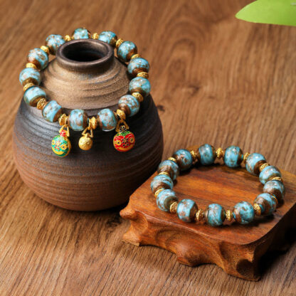 Gold Swallowing Beast Family Charm Liuli Glass Bead Fortune Bracelet - 图片 7