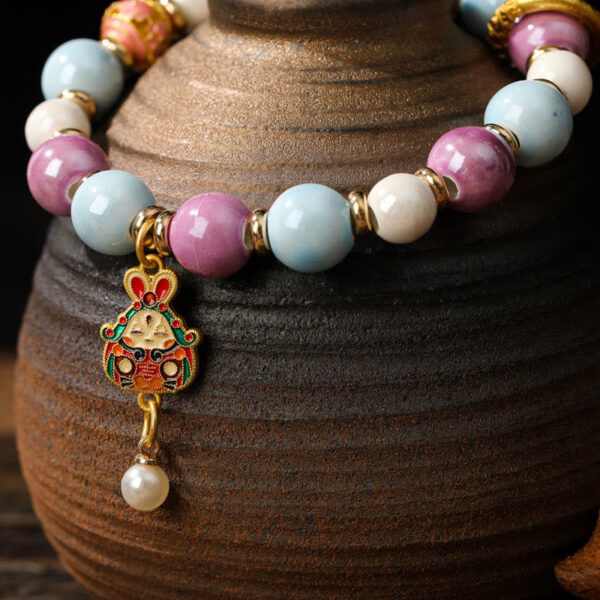 Tibetan Zakiram Goddess of Wealth Rabbit Lion Head Charm Liuli Glass Incense Ash Porcelain Bead Protection Bracelet - 图片 4
