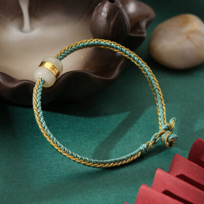 Buddha Stones 999 Gold Hetian White Jade Om Mani Padme Hum Fu Character Luck Braided Bracelet - 图片 16