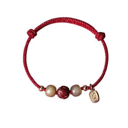 14K Gold Plated Hetian Jade Cinnabar Lotus Luck Handcrafted Rope Bracelet - 图片 6