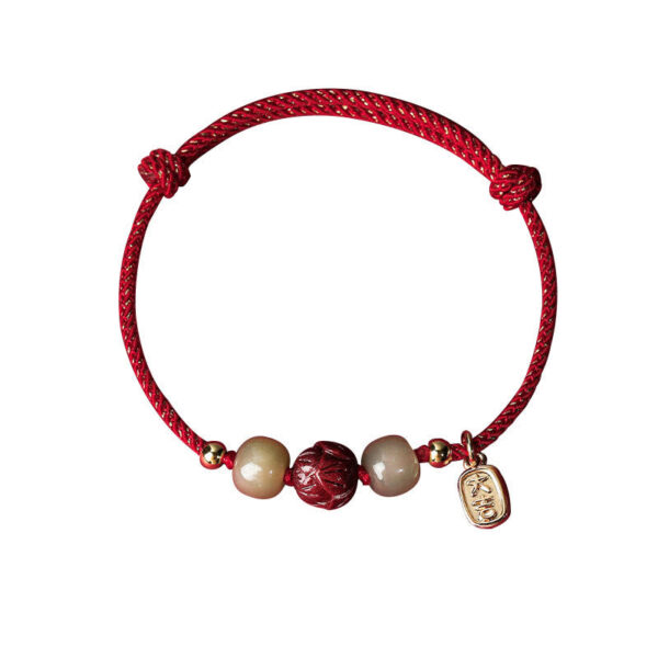 14K Gold Plated Hetian Jade Cinnabar Lotus Luck Handcrafted Rope Bracelet - 图片 6