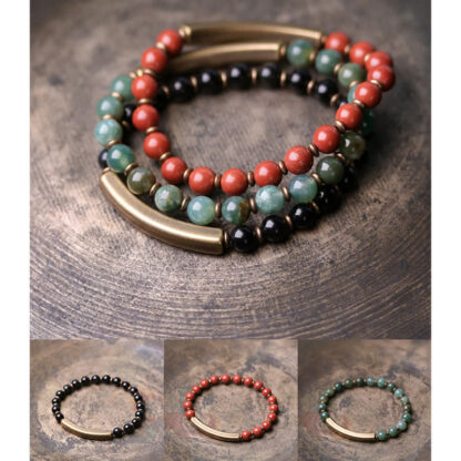 Buddha Stones Red Jasper Moss Agate Black Obsidian Crystal Copper Peace Couple Bracelet - 图片 24