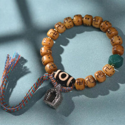 Natural Tibetan Camel Bone Swastika Dzi Bead Shankha Buddha Charm Kirtimukha Luck Protection Tassel Bracelet