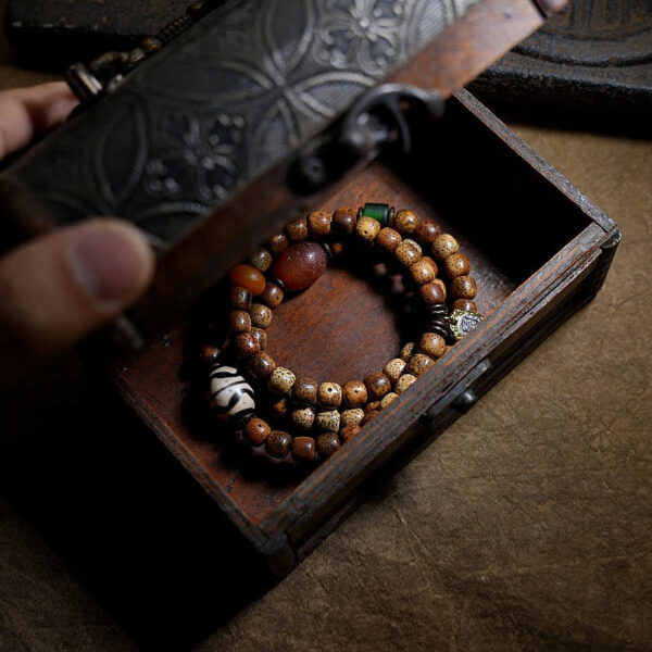 Tibetan Bodhi Seed Amber Dzi Bead Agate Zakiram Goddess of Wealth Beads Triple Wrap Bracelet - 图片 16