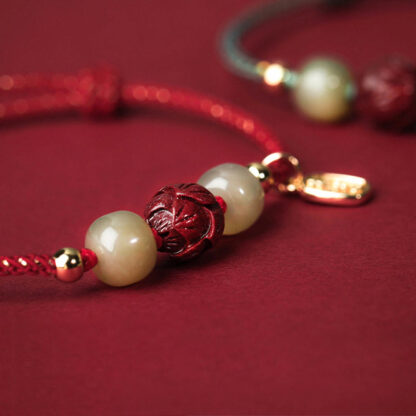 14K Gold Plated Hetian Jade Cinnabar Lotus Luck Handcrafted Rope Bracelet - 图片 4